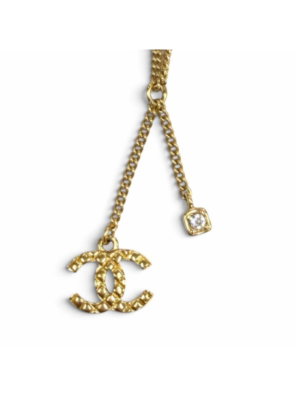 Chanel CC Logo Quilted Rhinestone Necklace Gold French